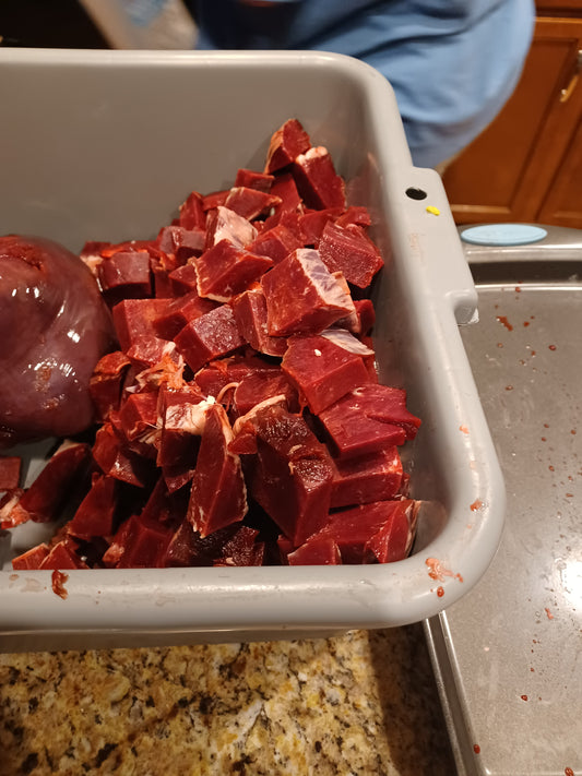 Raw cubed or. Ground or strips beef